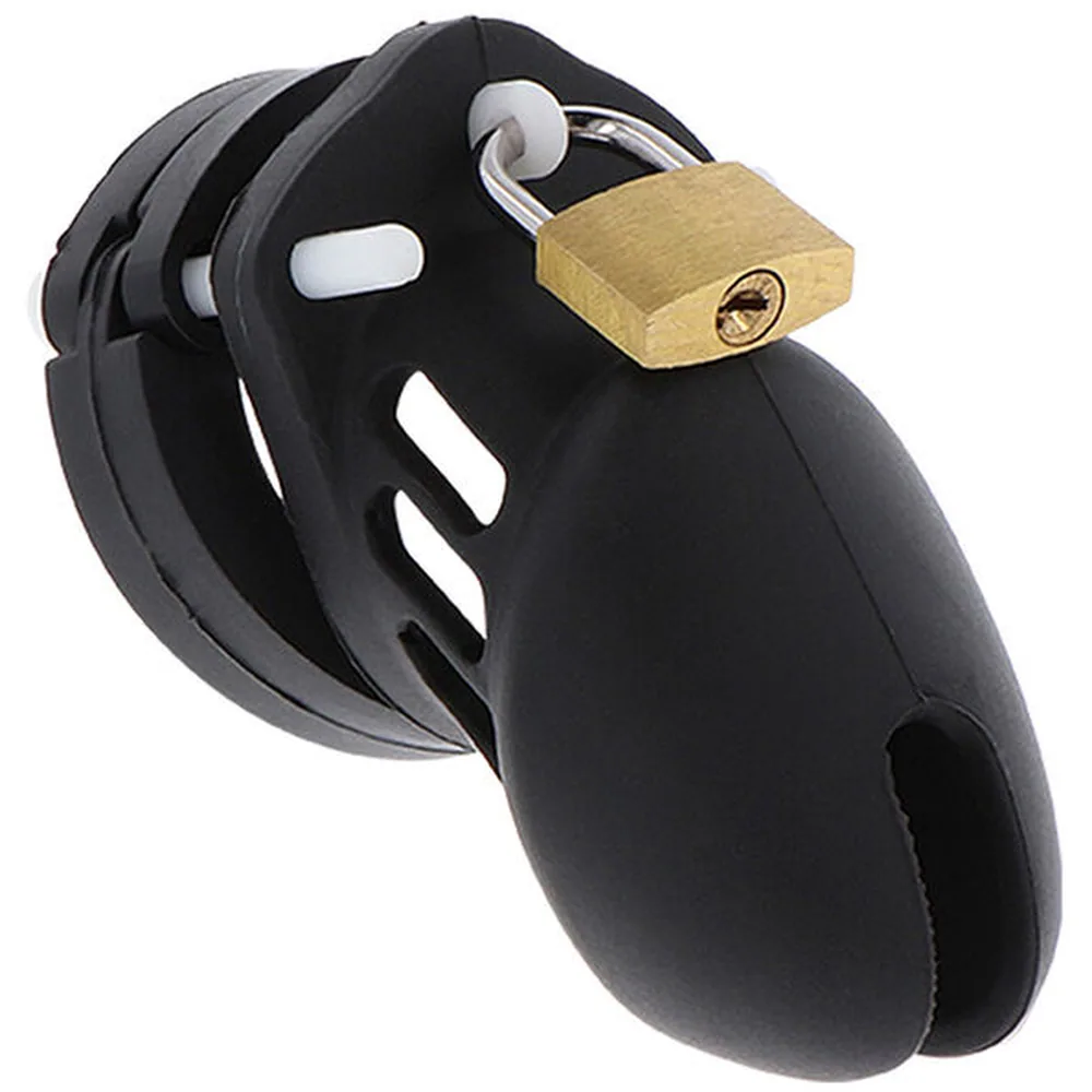Schéma de contenu d'une cage de chasteté en silicone noir avec anneaux de différentes tailles, cadenas doré et deux clés argentées