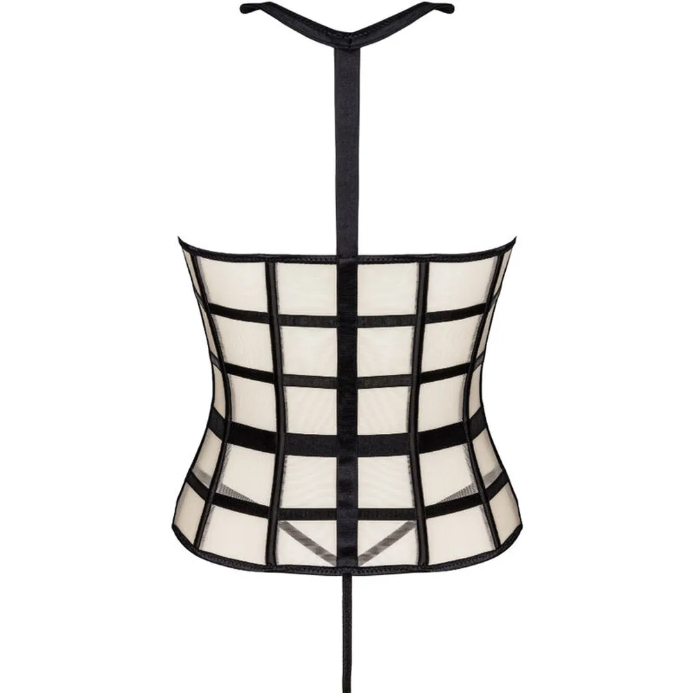 Schéma technique de corset avec armatures et string assorti, montrant vue de face du corset à baleines en quadrillage, bonnets rembourrés, string détaché, et détails de matières