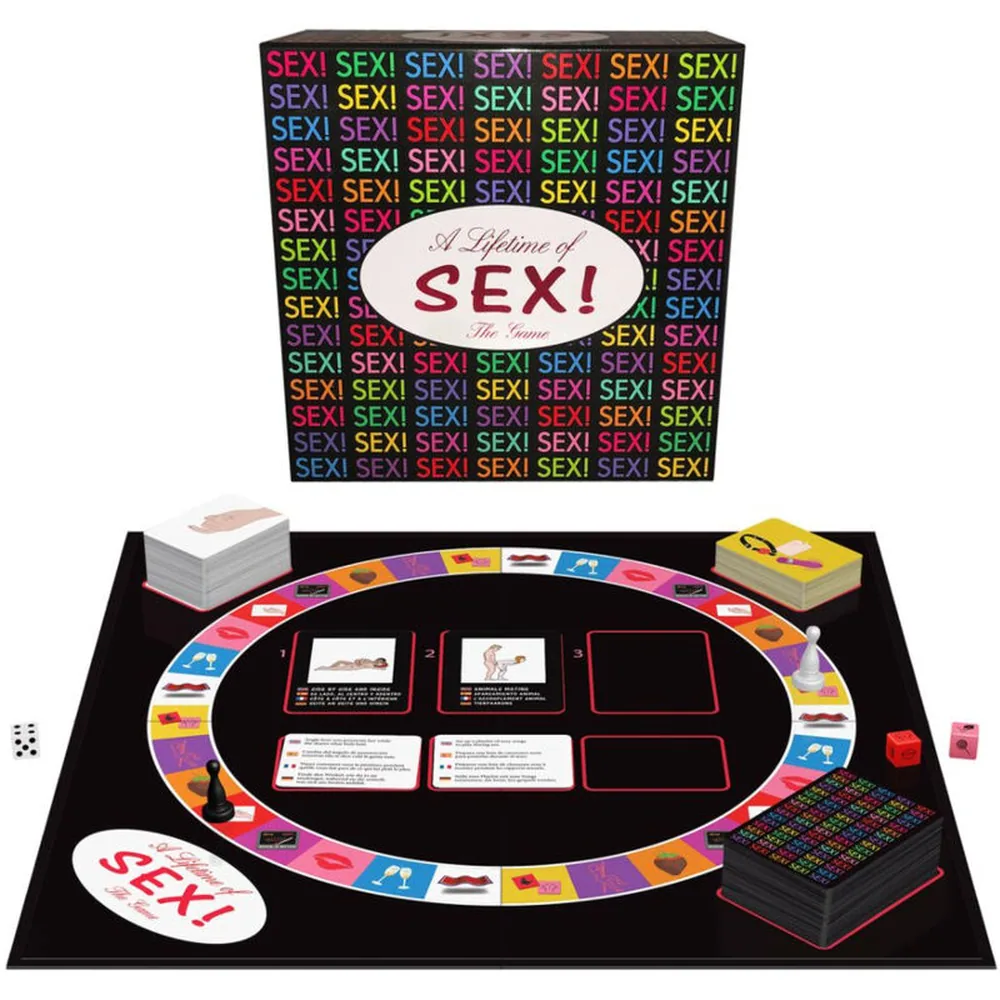 Boîte et plateau du jeu de société A Lifetime of Sex sur fond noir, avec cartes, dés, pions roses et livret de règles inclus