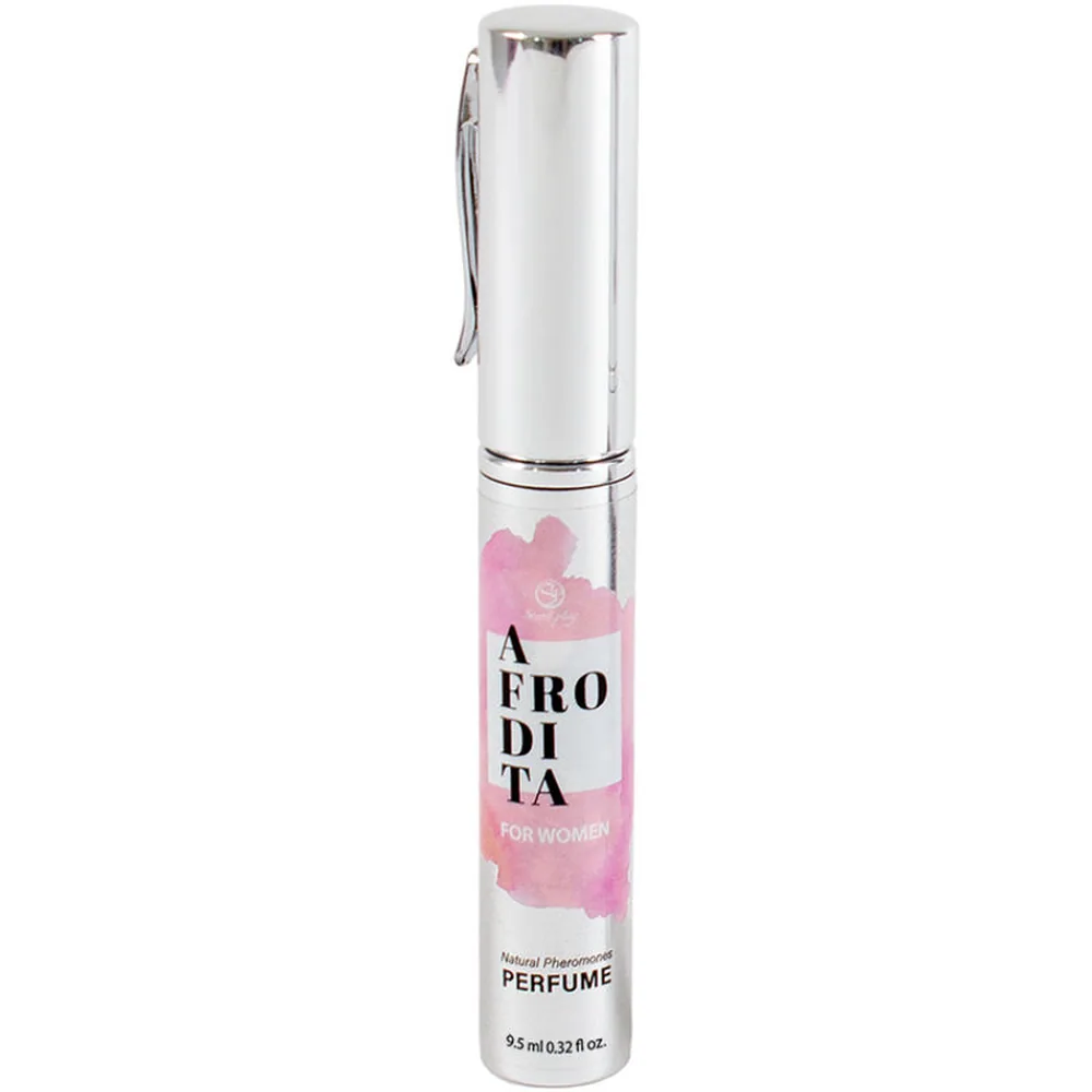 Vaporisateur de parfum aux phéromones Afrodita pour femme, flacon blanc et argent orné d'une étiquette rose pâle, format 9,5 ml avec pompe pulvérisante et cordon d'attache