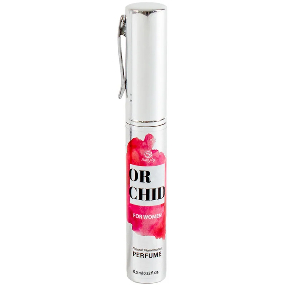 Flacon spray de parfum aux phéromones blanc et chromé de 9,5 ml, décor floral rose fuchsia, étiquette noire « ORCHID FOR WOMEN », embout pulvérisateur avec chaîne argentée