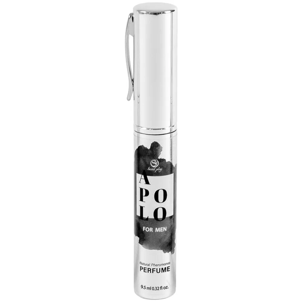 Flacon vaporisateur de parfum aux phéromones Apolo for Men, format 9,5 ml, blanc et noir avec étiquette graphique, sur fond blanc