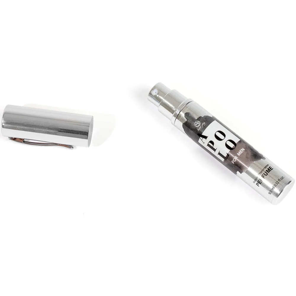 Flacon vaporisateur de parfum aux phéromones Apolo for Men, format 9,5 ml, blanc et noir avec étiquette graphique, sur fond blanc