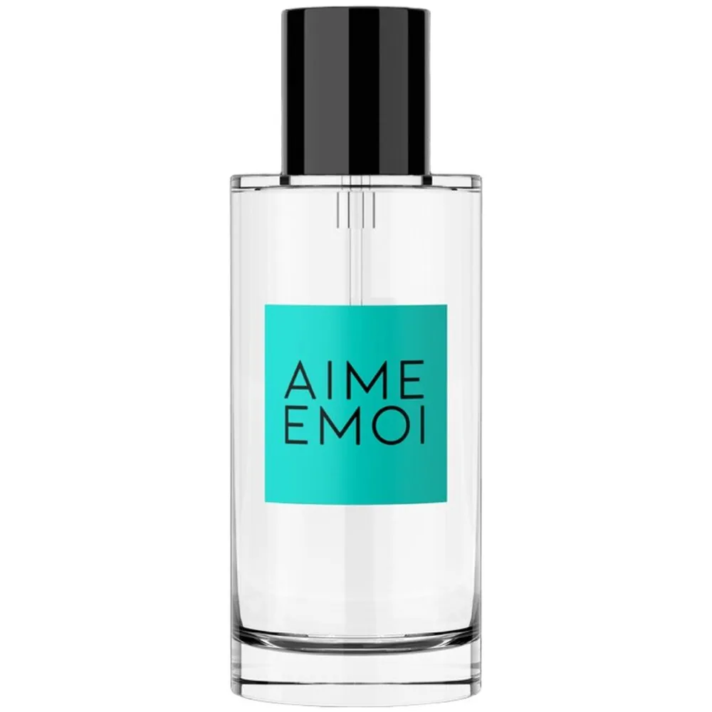 Flacon de parfum cylindrique transparent rempli de liquide clair, coiffé d'un bouchon noir brillant. Étiquette turquoise carrée au centre portant le texte AIME EMOI en lettres noires épurées