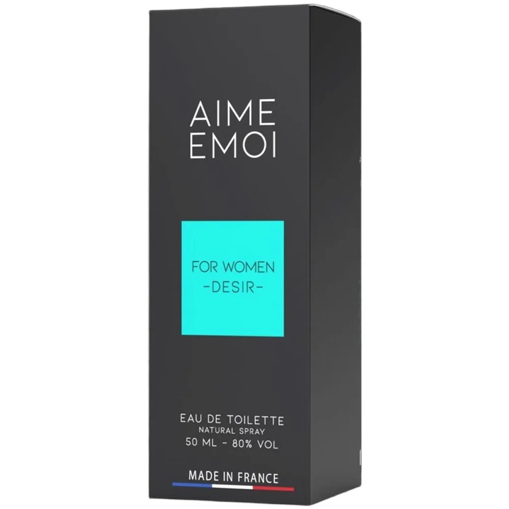 Flacon de parfum cylindrique transparent rempli de liquide clair, coiffé d'un bouchon noir brillant. Étiquette turquoise carrée au centre portant le texte AIME EMOI en lettres noires épurées