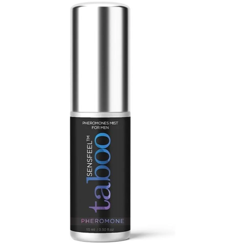 Boîte de brume corporelle aux phéromones Taboo For Him, emballage noir et bleu dégradé avec logo masculin et inscription SenseFeelTM, contenance 15 ml