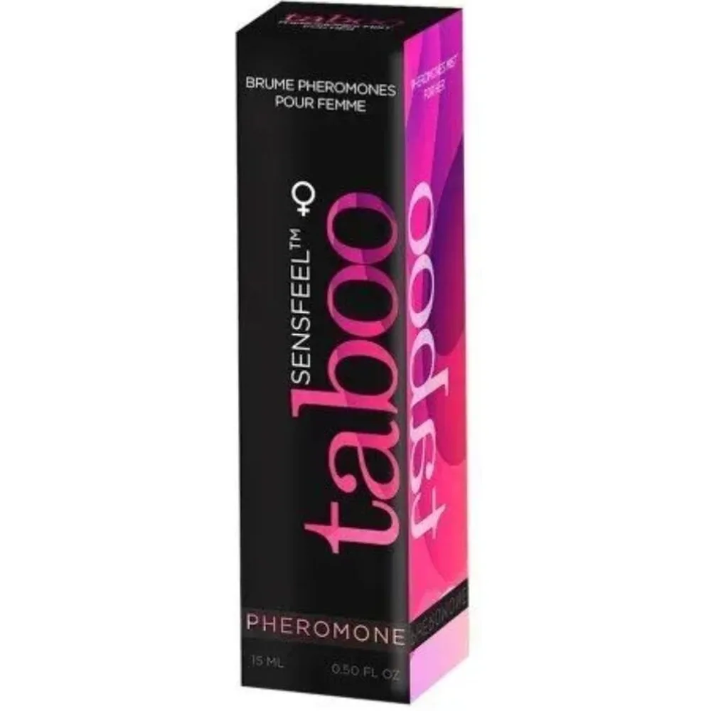 Flacon spray de brume aux phéromones Taboo pour elle, corps noir et capuchon argenté, étiquette rose et noire, fond blanc