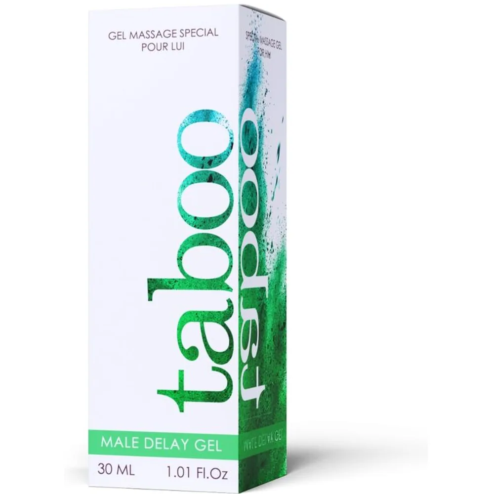 Emballage blanc et vert de gel de massage retardant Taboo, 30 ml, avec inscriptions anglaises et dégradé turquoise à vert sur les côtés