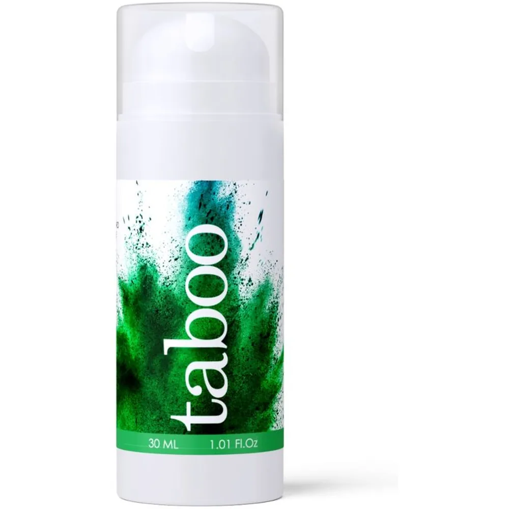 Emballage blanc et vert de gel de massage retardant Taboo, 30 ml, avec inscriptions anglaises et dégradé turquoise à vert sur les côtés