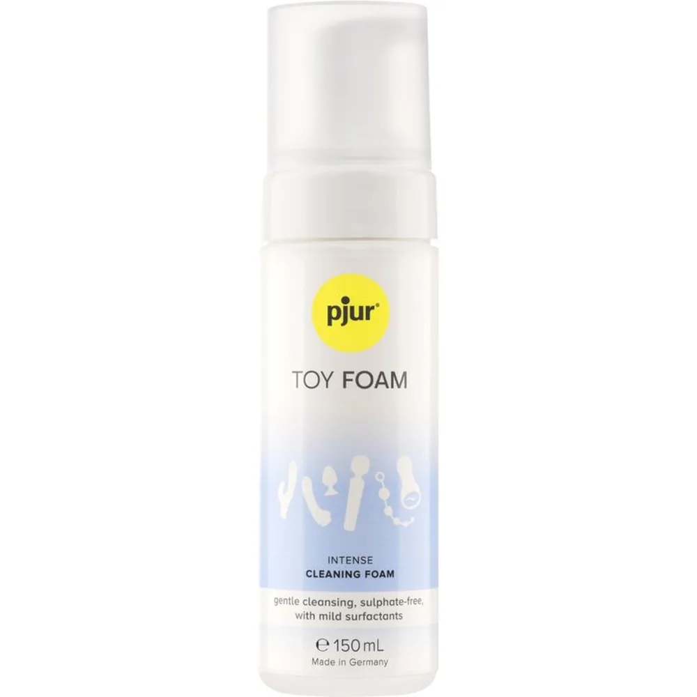 Flacon blanc de 150 ml de mousse nettoyante Toy Foam pjur, avec bouchon vaporisateur et étiquette blanche et bleue, sur fond blanc