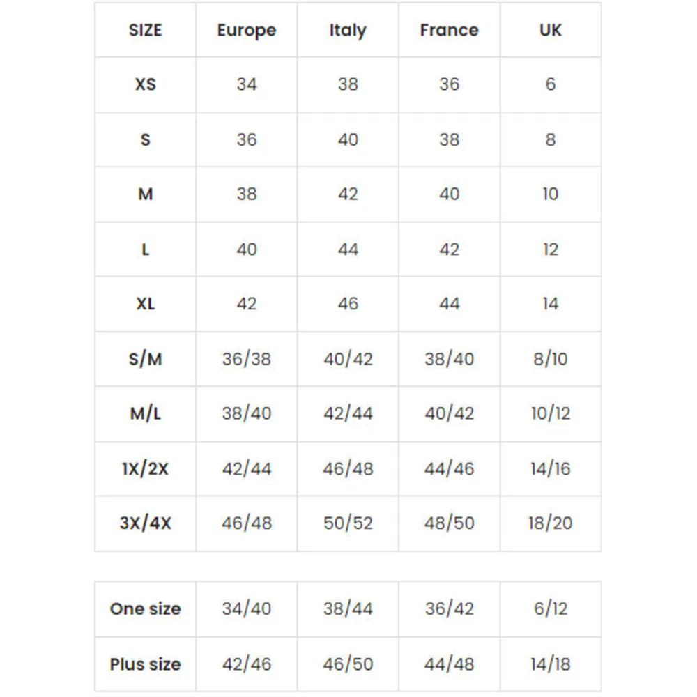 Tableau de correspondance des tailles pour costume sexy Mario Bros en lingerie, comparant les tailles européennes, italiennes, françaises et anglaises de XS à 4X, avec options simples et combinées