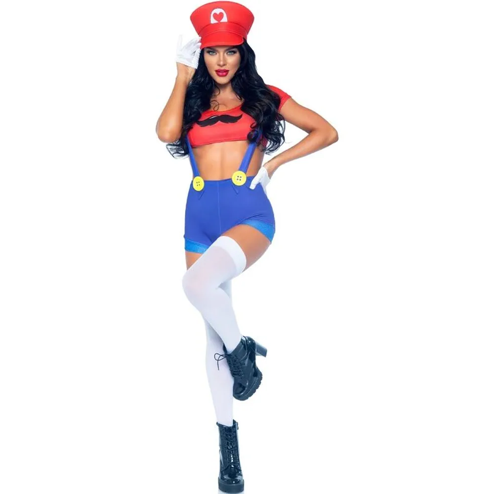 Tableau de correspondance des tailles pour costume sexy Mario Bros en lingerie, comparant les tailles européennes, italiennes, françaises et anglaises de XS à 4X, avec options simples et combinées