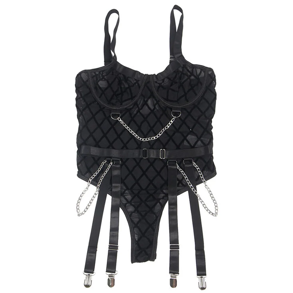 Body noir matelassé motif losange avec bretelles, chaînes métalliques, ceinture ajustable et quatre jarretelles à pinces avec chaînes