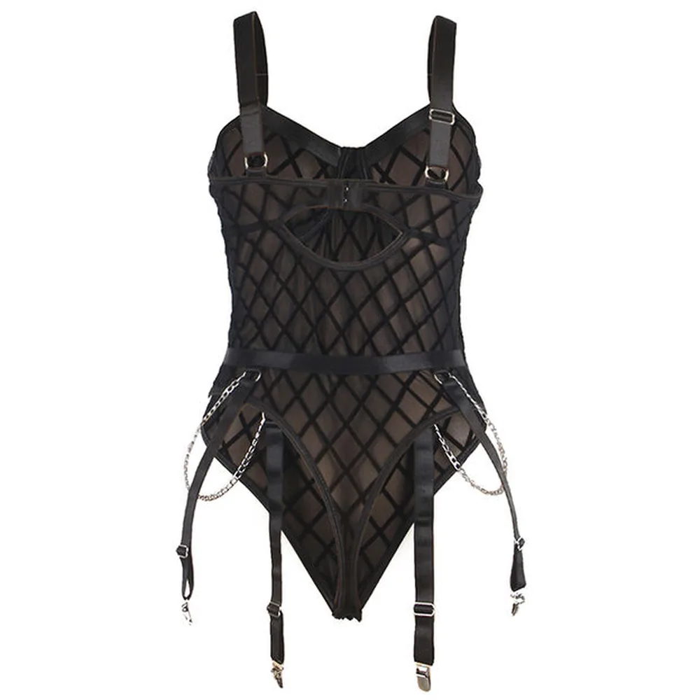 Body noir matelassé motif losange avec bretelles, chaînes métalliques, ceinture ajustable et quatre jarretelles à pinces avec chaînes