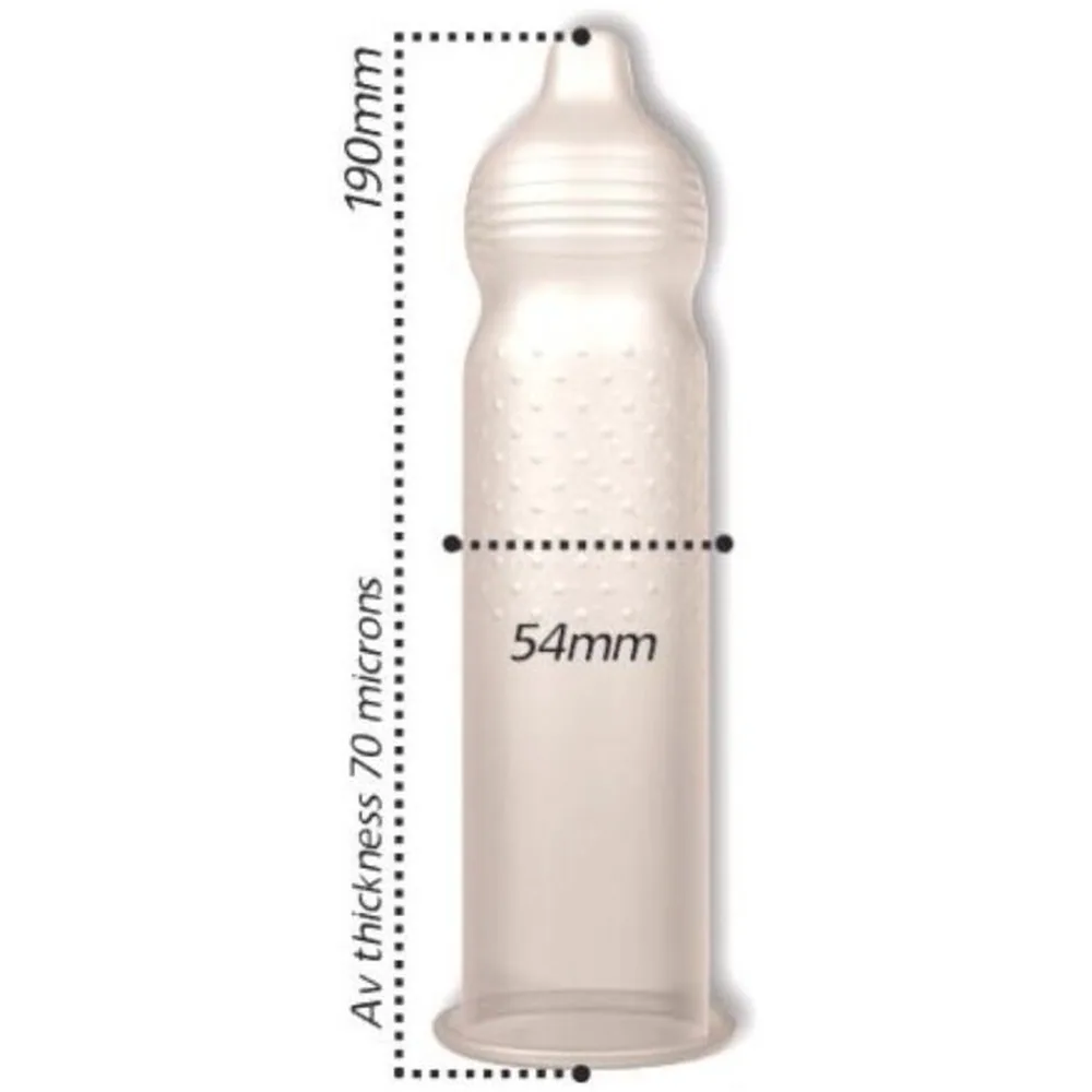 Schéma de dimensions d'un préservatif transparent avec nervures et picots en relief, hauteur 190 mm, diamètre 54 mm, épaisseur 70 microns