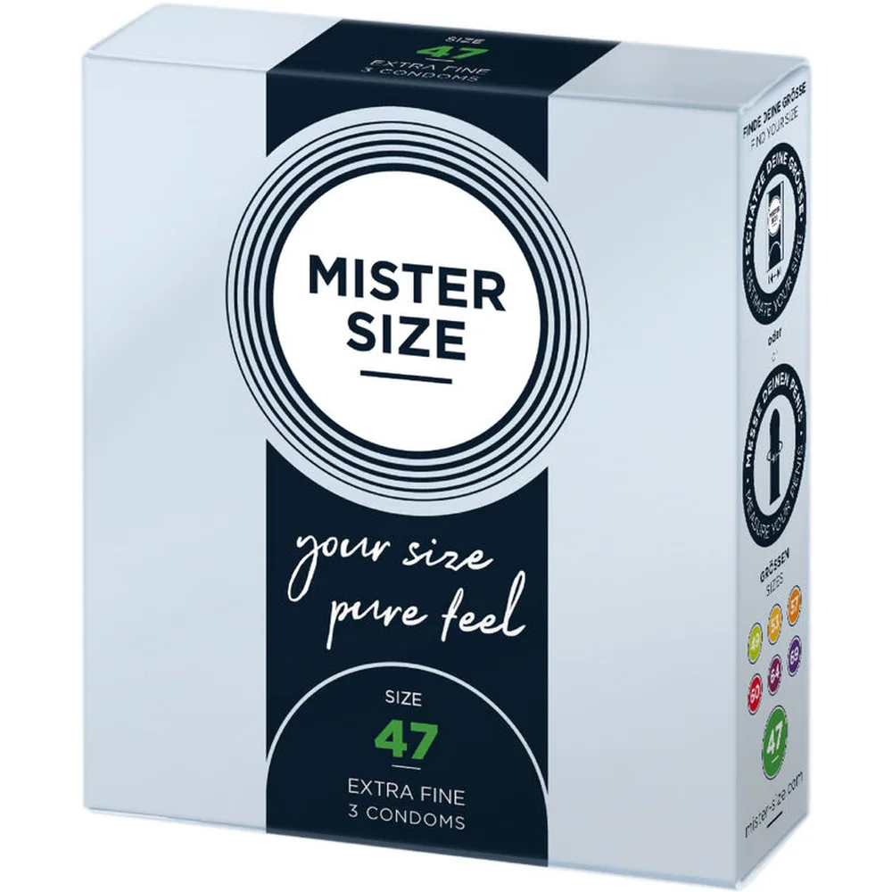 Boîte de préservatifs Mister Size taille 47, emballage blanc et noir avec bande centrale noire, contenant 3 préservatifs en latex transparent
