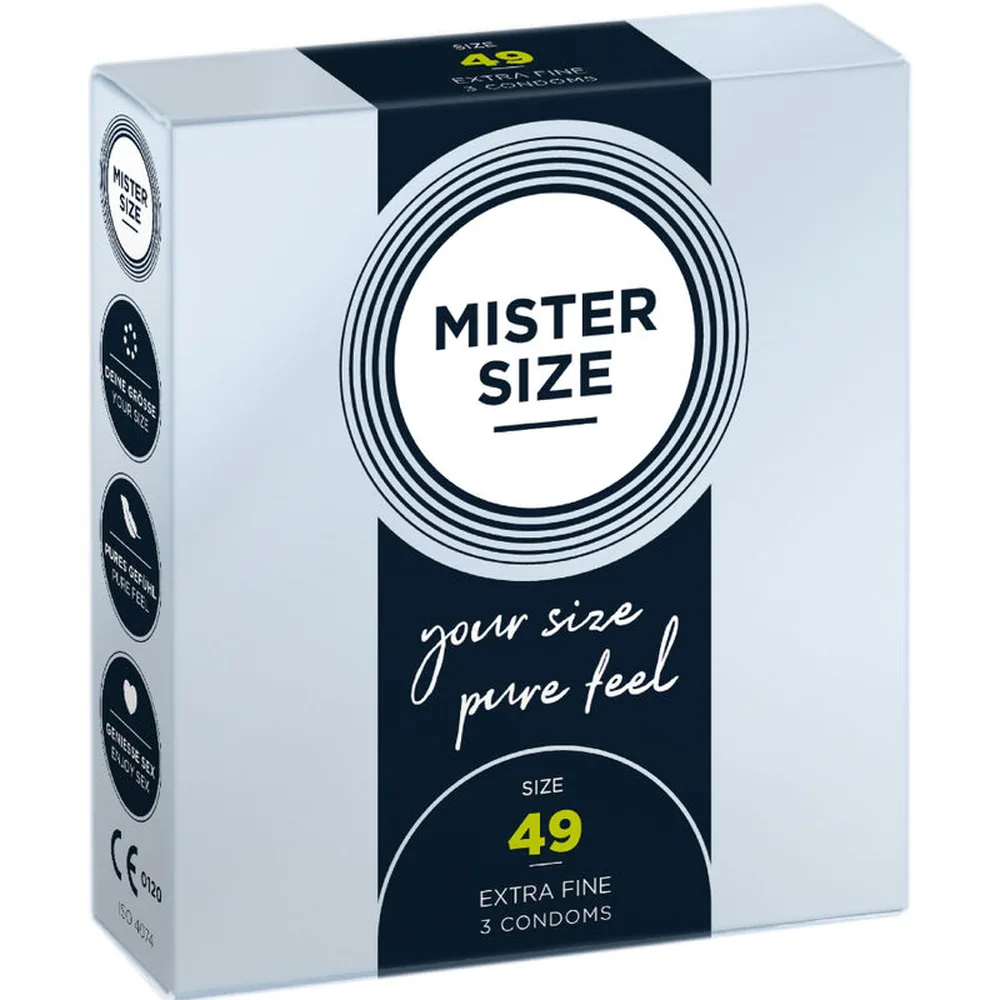 Boîte de préservatifs Mister Size taille 49, emballage blanc et noir avec bandeau bleu marine, contenant 3 préservatifs en latex