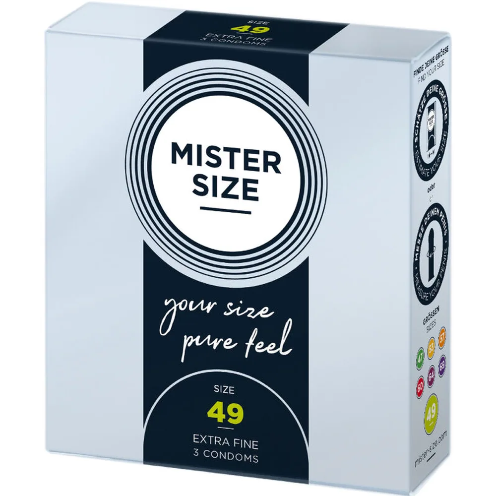 Boîte de préservatifs Mister Size taille 49, emballage blanc et noir avec bandeau bleu marine, contenant 3 préservatifs en latex