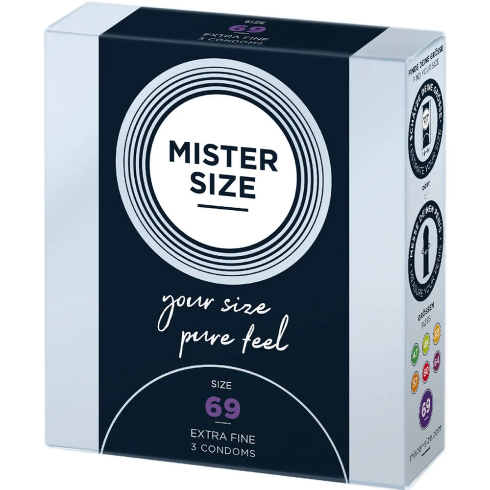 Boîte de préservatifs Mister Size taille 69, design noir et blanc avec cercles concentriques et texte "your size pure feel", paquet de 3 préservatifs extra fine