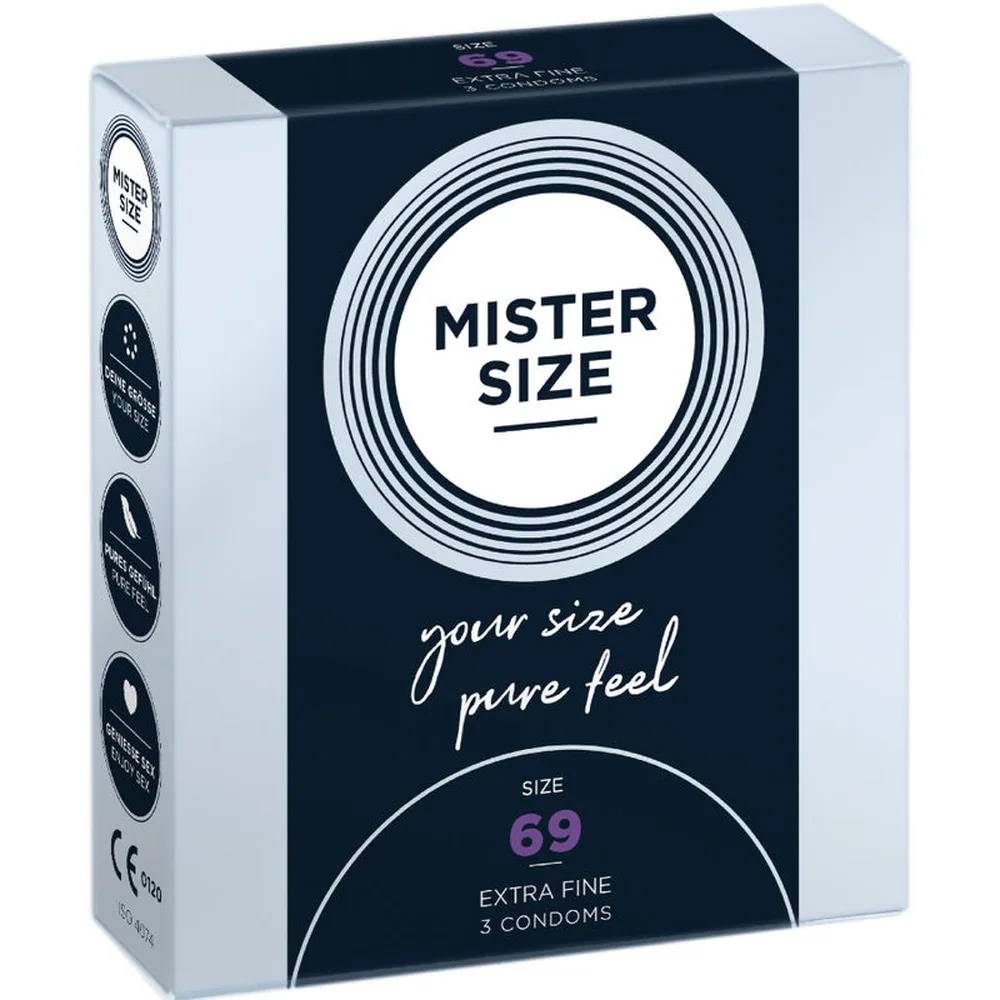 Boîte de préservatifs Mister Size taille 69, design noir et blanc avec cercles concentriques et texte "your size pure feel", paquet de 3 préservatifs extra fine