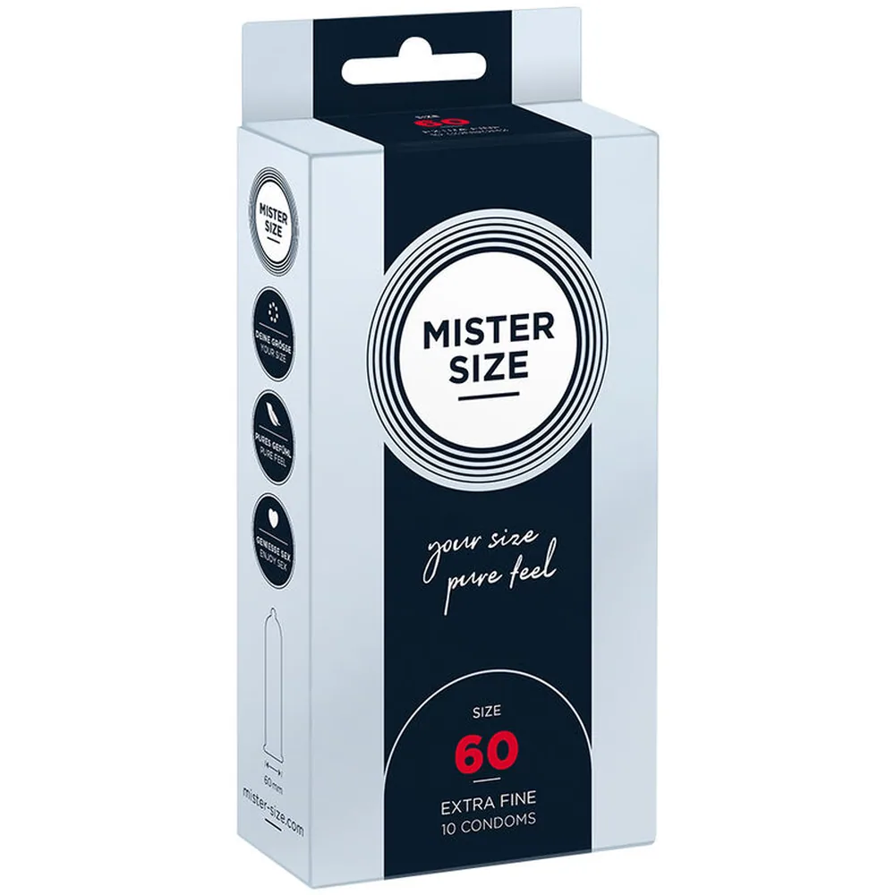 Boîte de 10 préservatifs Mister Size taille 60, emballage blanc et noir avec cercles concentriques et inscriptions