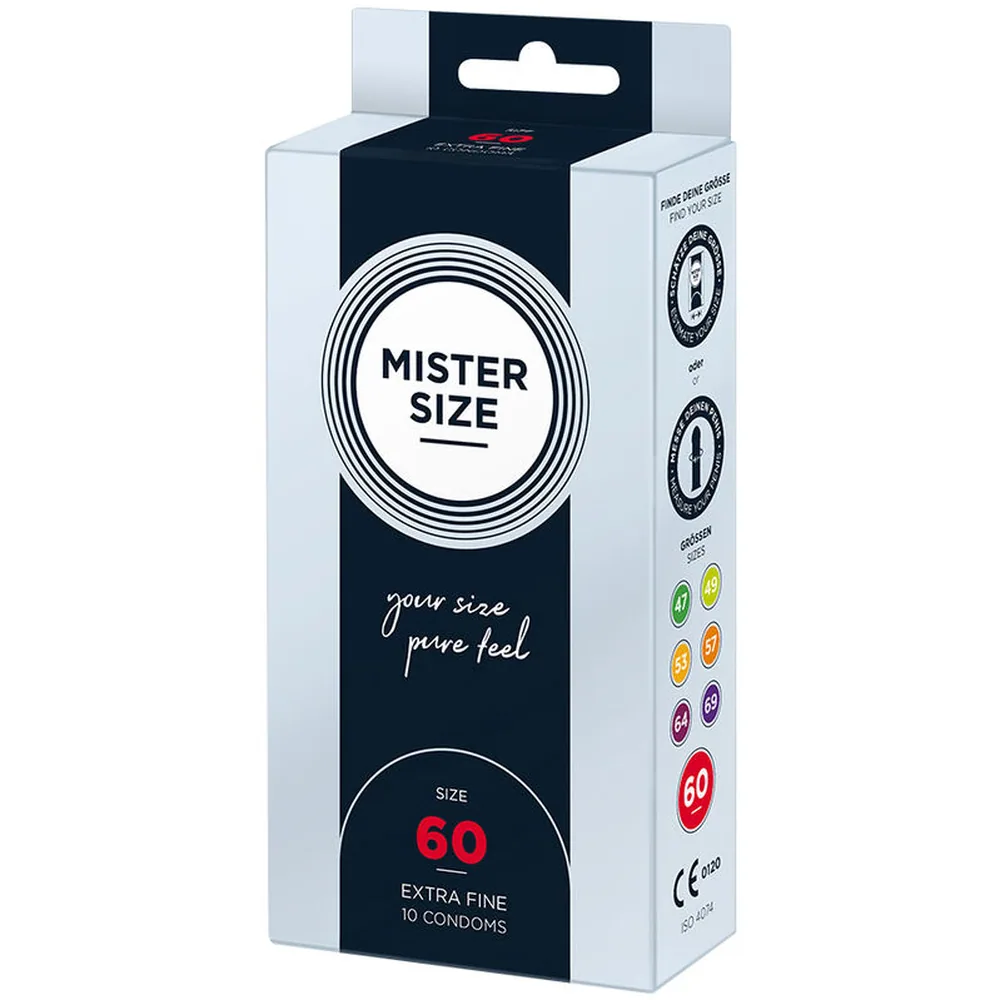 Boîte de 10 préservatifs Mister Size taille 60, emballage blanc et noir avec cercles concentriques et inscriptions