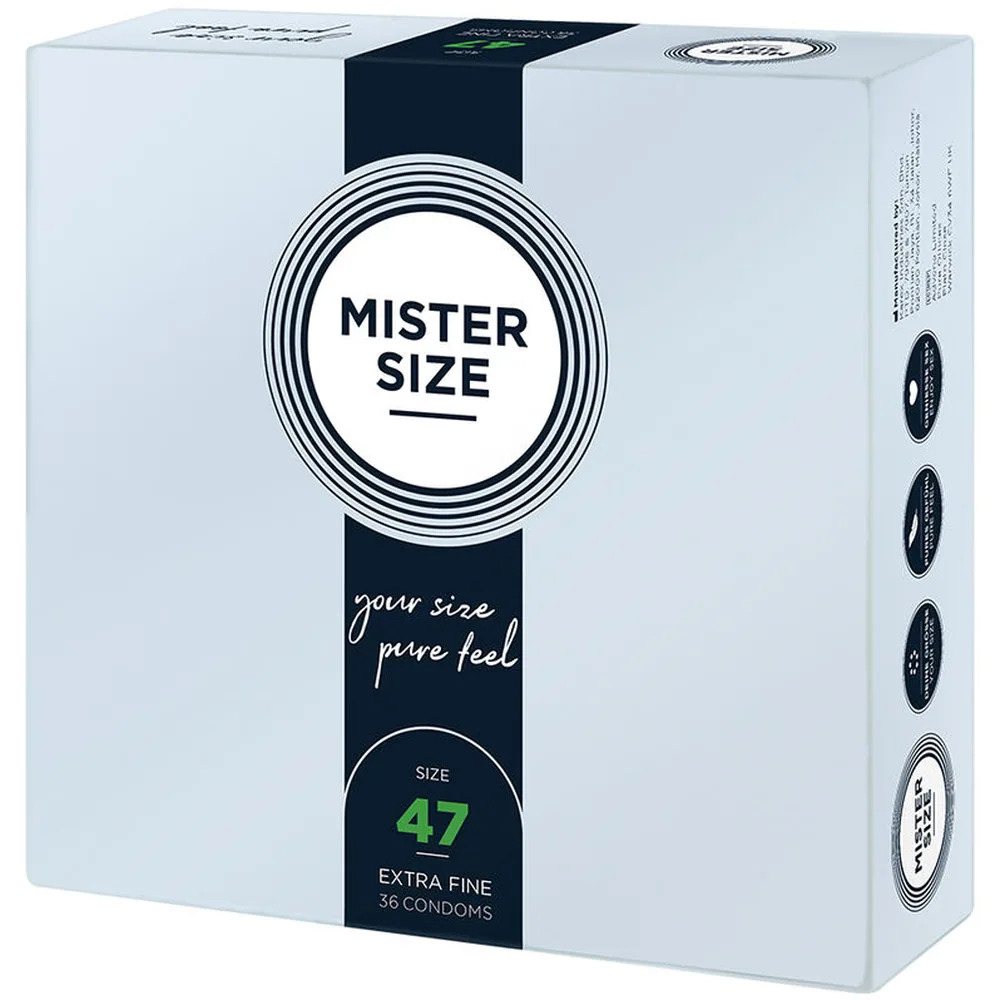Boîte blanche de 36 préservatifs Mister Size taille 47, avec bande noire centrale affichant le logo et les détails du produit