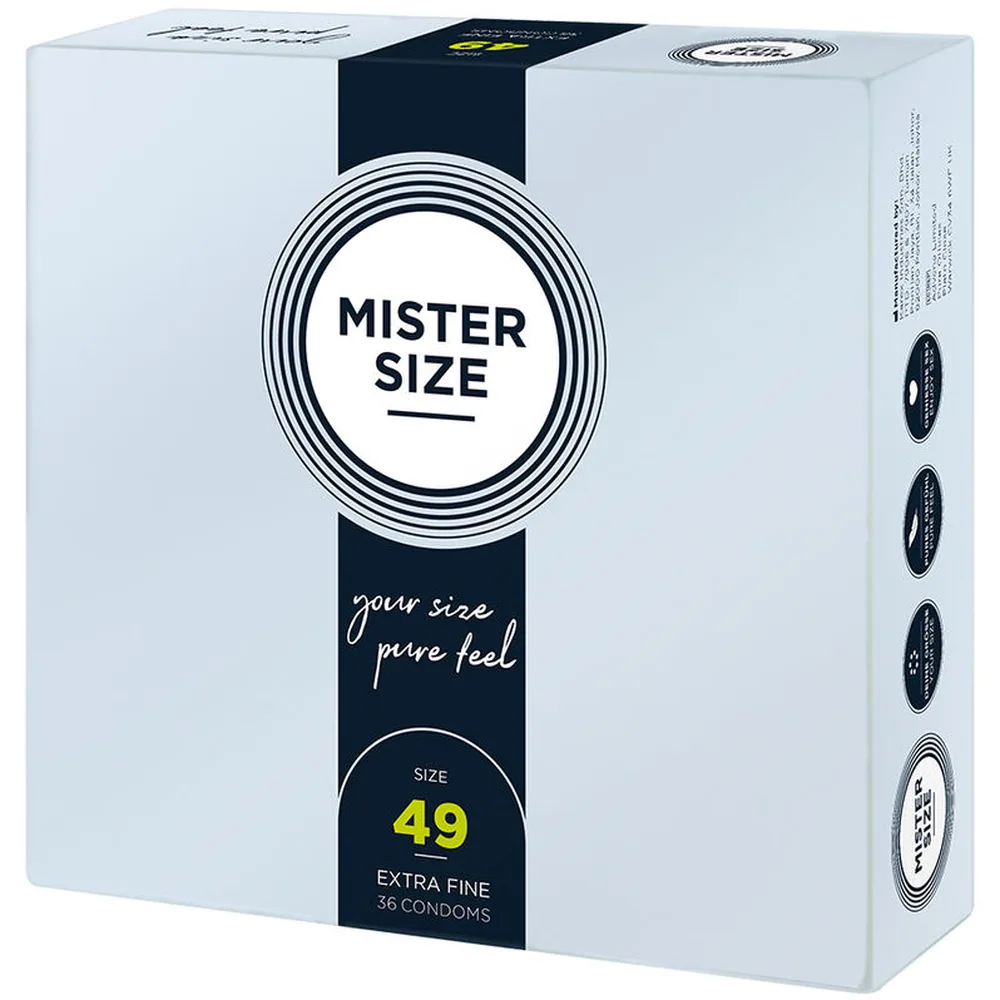 Boîte de 36 préservatifs Mister Size taille 49 extra fine, emballage blanc et bleu marine avec logo circulaire