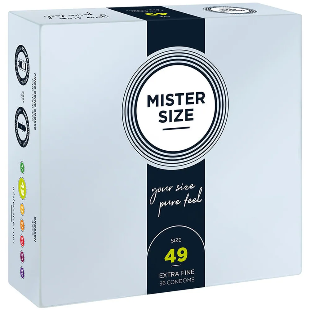 Boîte de 36 préservatifs Mister Size taille 49 extra fine, emballage blanc et bleu marine avec logo circulaire