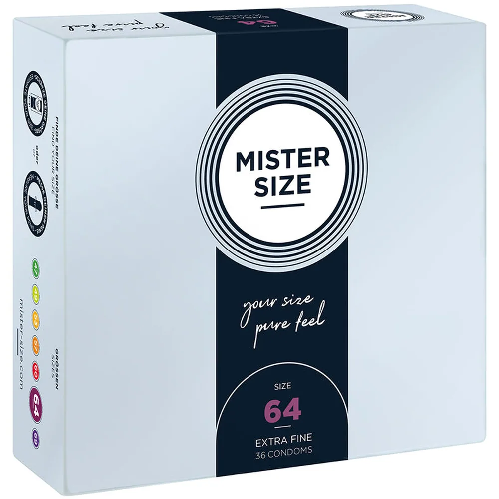 Boîte de préservatifs Mister Size taille 64, emballage blanc et noir avec logo circulaire et inscriptions, contenant 36 unités
