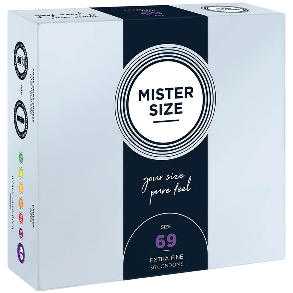 Boîte de préservatifs Mister Size taille 69, emballage blanc et noir avec cercles concentriques et indications de taille colorées sur le côté