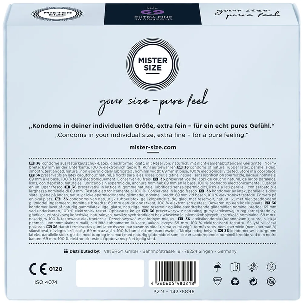 Boîte de préservatifs Mister Size taille 69, emballage blanc et noir avec cercles concentriques et indications de taille colorées sur le côté