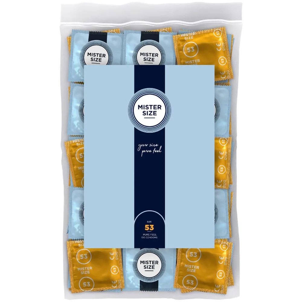 Emballage transparent de préservatifs Mister Size contenant 100 unités, avec sachets individuels bleu clair et or visibles à travers le film plastique