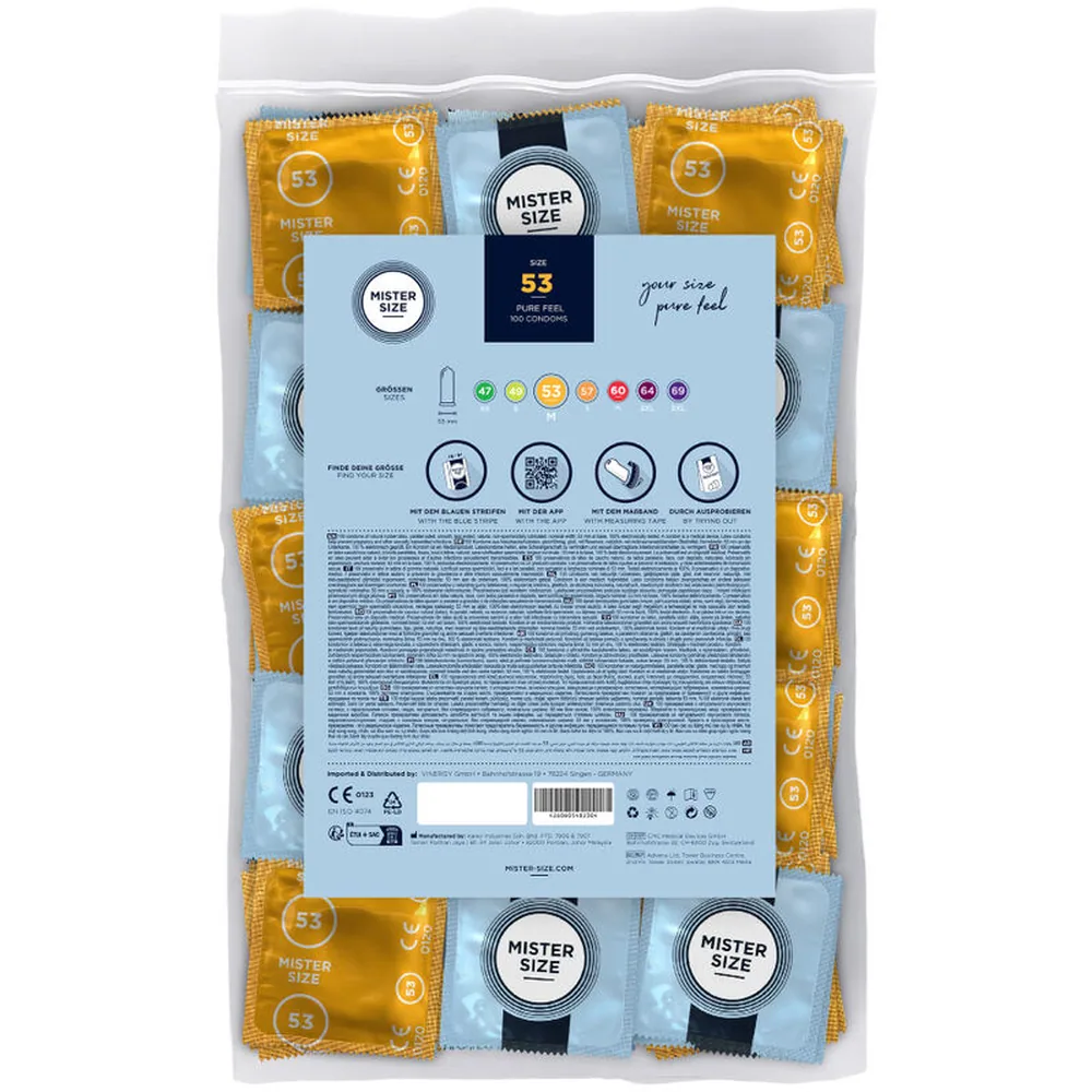 Emballage transparent de préservatifs Mister Size contenant 100 unités, avec sachets individuels bleu clair et or visibles à travers le film plastique
