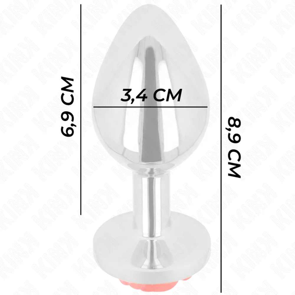 Schéma de dimensions d'un plug anal en acier inoxydable avec base ornée d'une rose rouge, montrant la hauteur totale de 6,9 cm, la largeur maximale de 3,4 cm et la profondeur de 6,9 cm