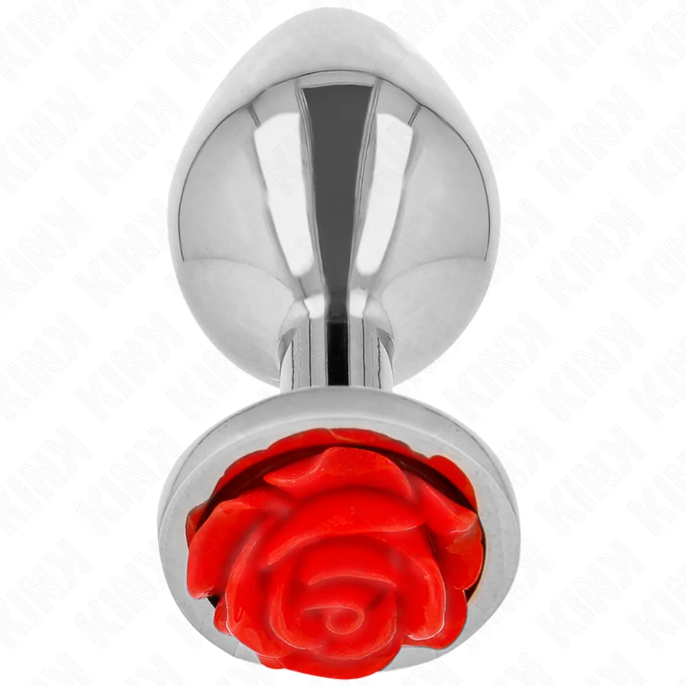 Schéma de dimensions d'un plug anal en acier inoxydable avec base ornée d'une rose rouge, montrant la hauteur totale de 6,9 cm, la largeur maximale de 3,4 cm et la profondeur de 6,9 cm