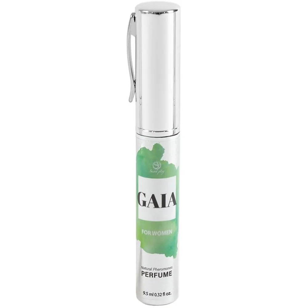 Flacon de parfum aux phéromones Gaia blanc et vert avec étiquette verte, bouchon blanc et vaporisateur, format voyage 9,5 ml