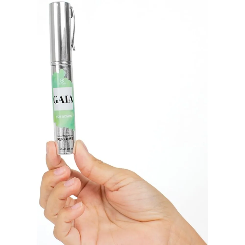 Flacon de parfum aux phéromones Gaia blanc et vert avec étiquette verte, bouchon blanc et vaporisateur, format voyage 9,5 ml