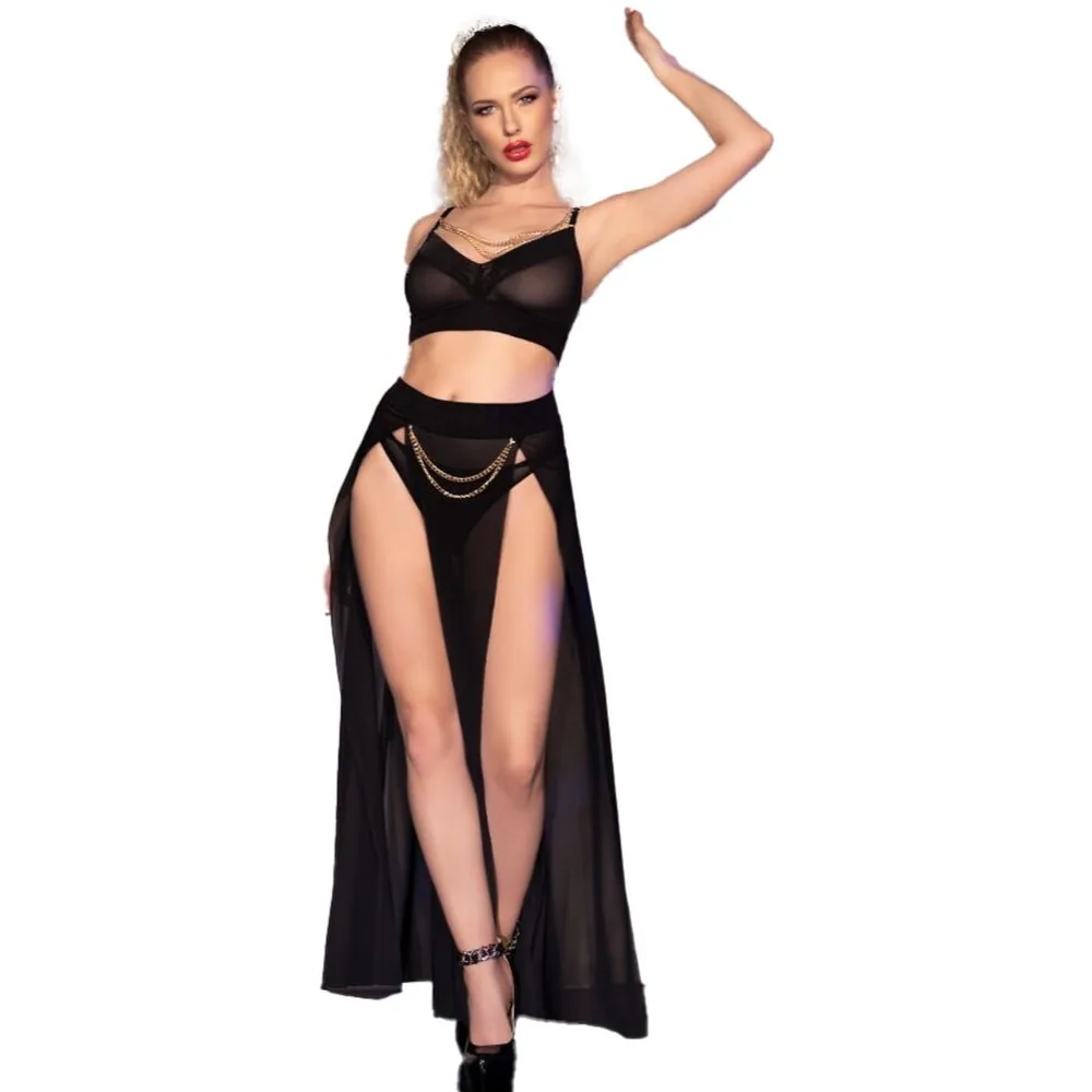 Ensemble de lingerie Jupe String Noirs Chaînes Chilirose