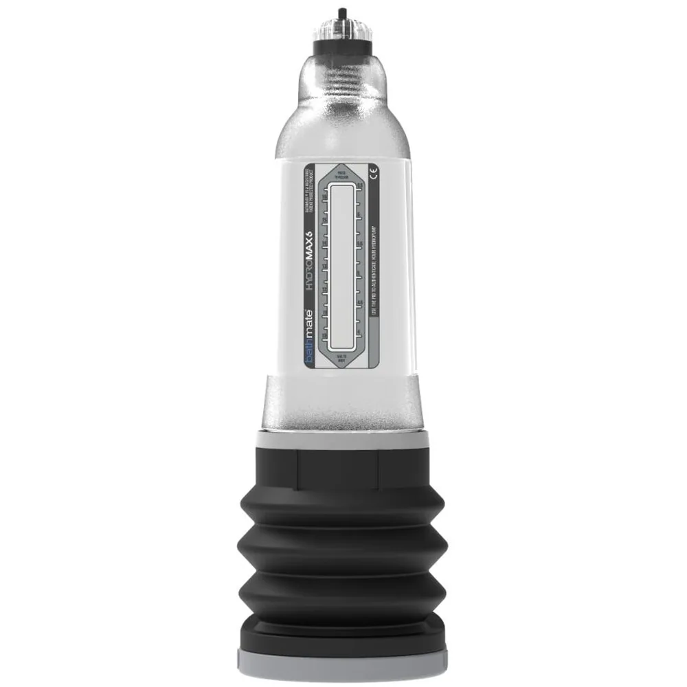 Pompe à pénis Hydromax clear avec cylindre transparent et base noire, sur fond blanc
