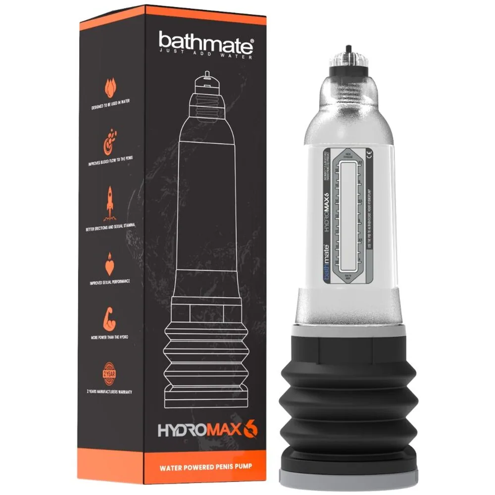 Pompe à pénis Hydromax clear avec cylindre transparent et base noire, sur fond blanc