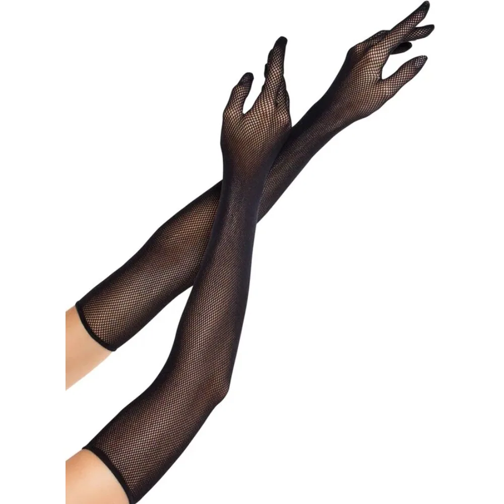 Gants longs en résille noire à motif filet, montant jusqu'aux coudes avec poignets resserrés, présentés porté sur les bras