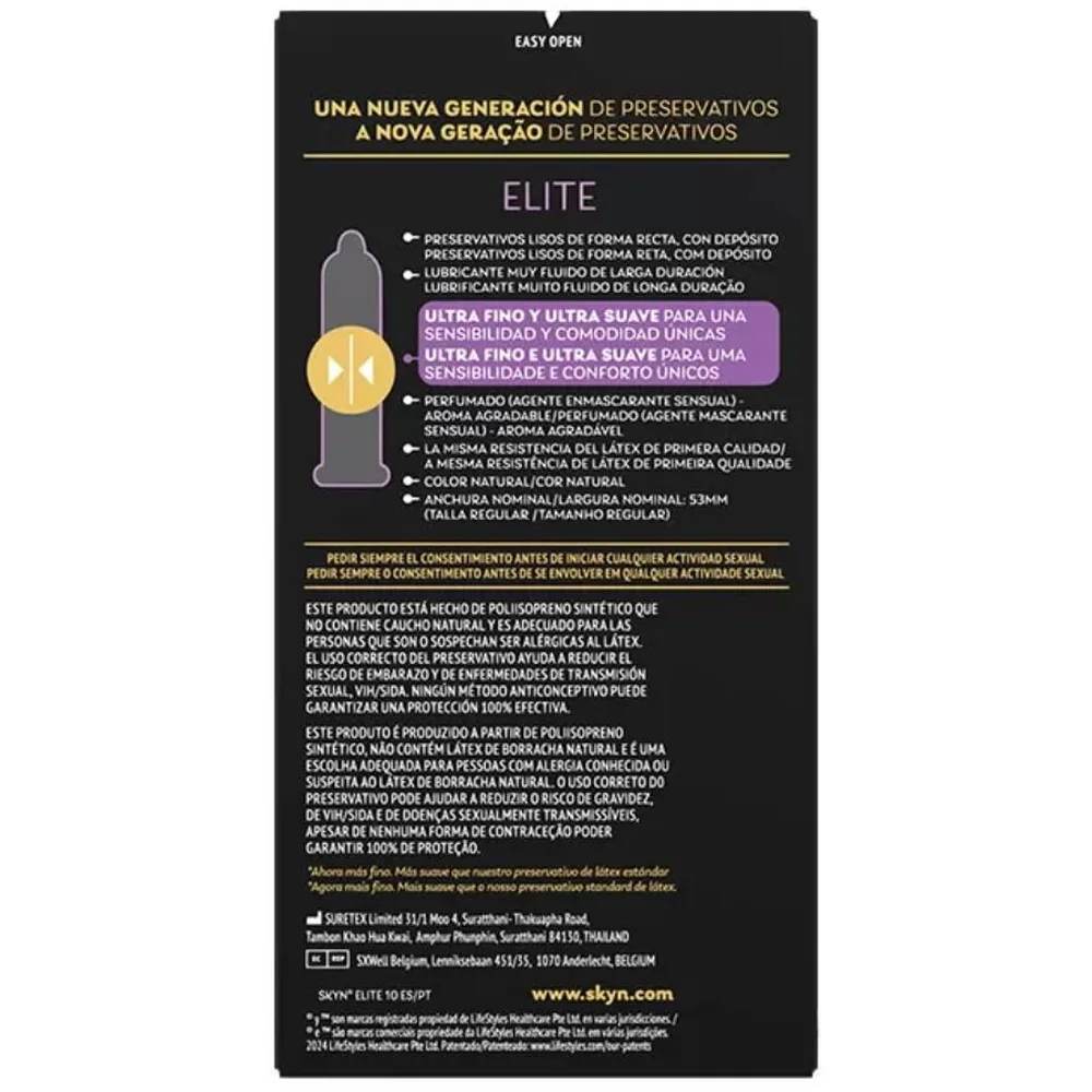 Emballage de préservatifs SKYN Elite noir et violet, boîte de 10 unités, avec mention « Préservatifs sin latex »