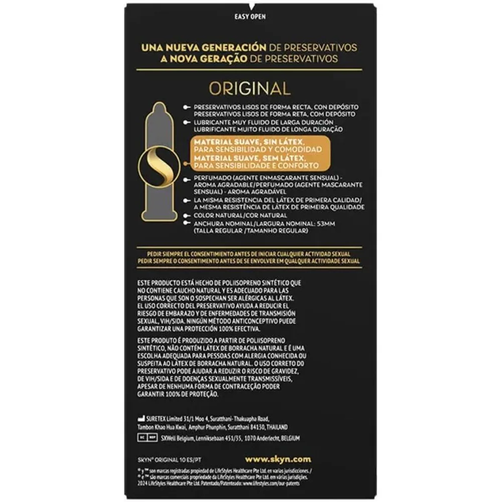 Boîte de 10 préservatifs SKYN Original sans latex, noirs avec détails dorés, affichant le branding et mention sensations naturelles en espagnol et portugais