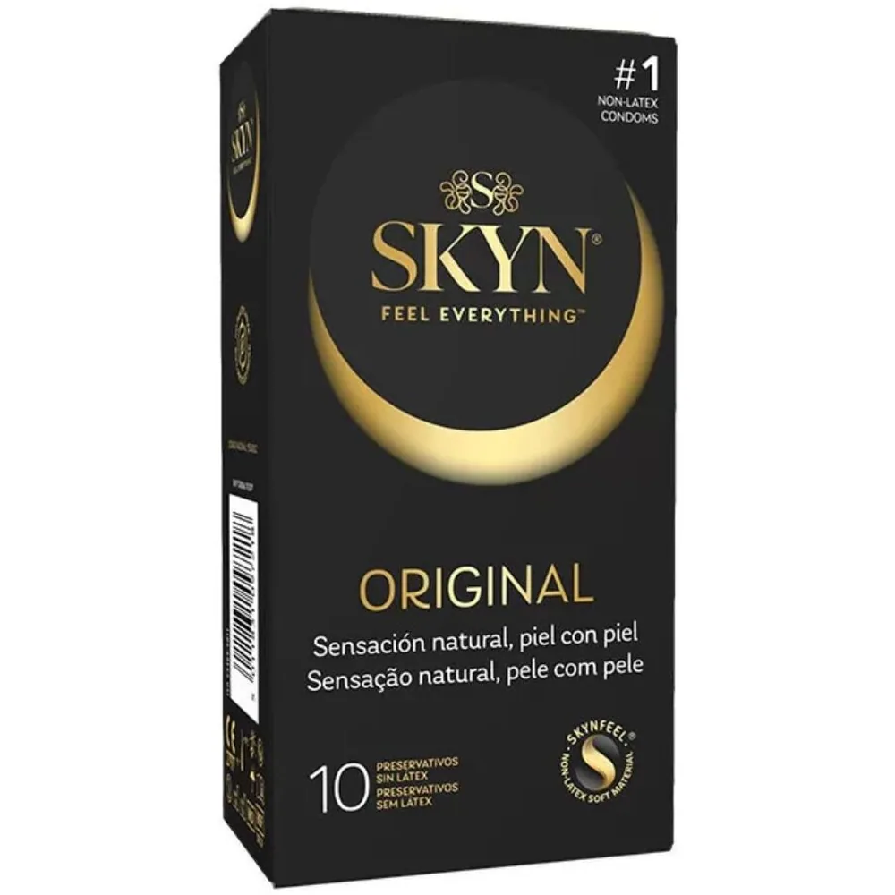 Boîte de 10 préservatifs SKYN Original sans latex, noirs avec détails dorés, affichant le branding et mention sensations naturelles en espagnol et portugais