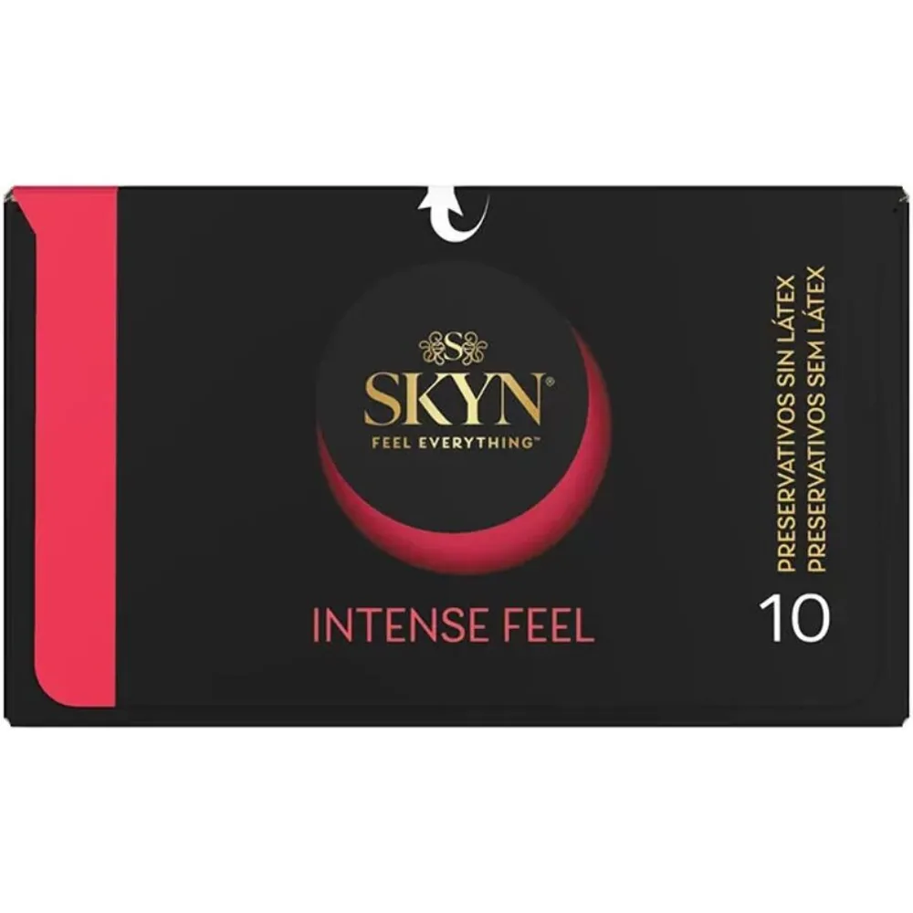 Boîte de 10 préservatifs SKYN Intense Feel, emballage noir avec bandeau rose et détails dorés, mentions du revêtement sans latex en relief