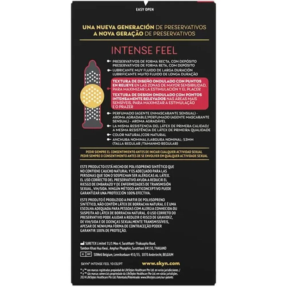 Boîte de 10 préservatifs SKYN Intense Feel, emballage noir avec bandeau rose et détails dorés, mentions du revêtement sans latex en relief
