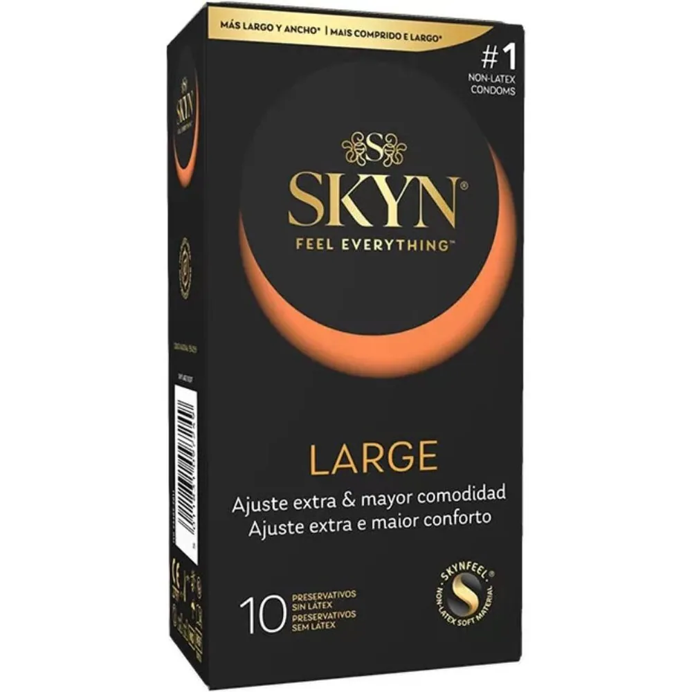Boîte de préservatifs SKYN LARGE, taille 10, avec bande orange latérale et logo doré sur fond noir