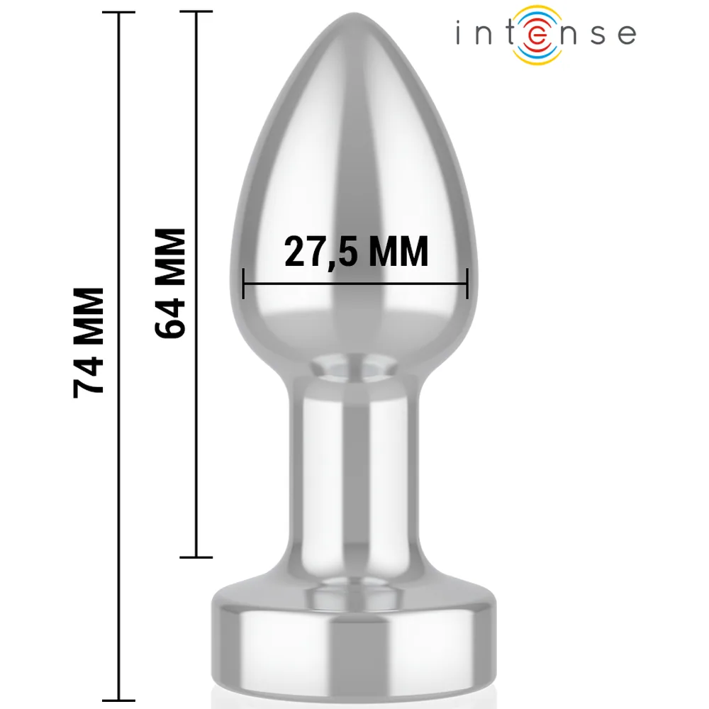 Plug anal en métal argenté, forme de goutte pointue, base large et aplatie, schéma de dimensions indiquant 74 mm de hauteur totale et 27,5 mm de largeur maximale