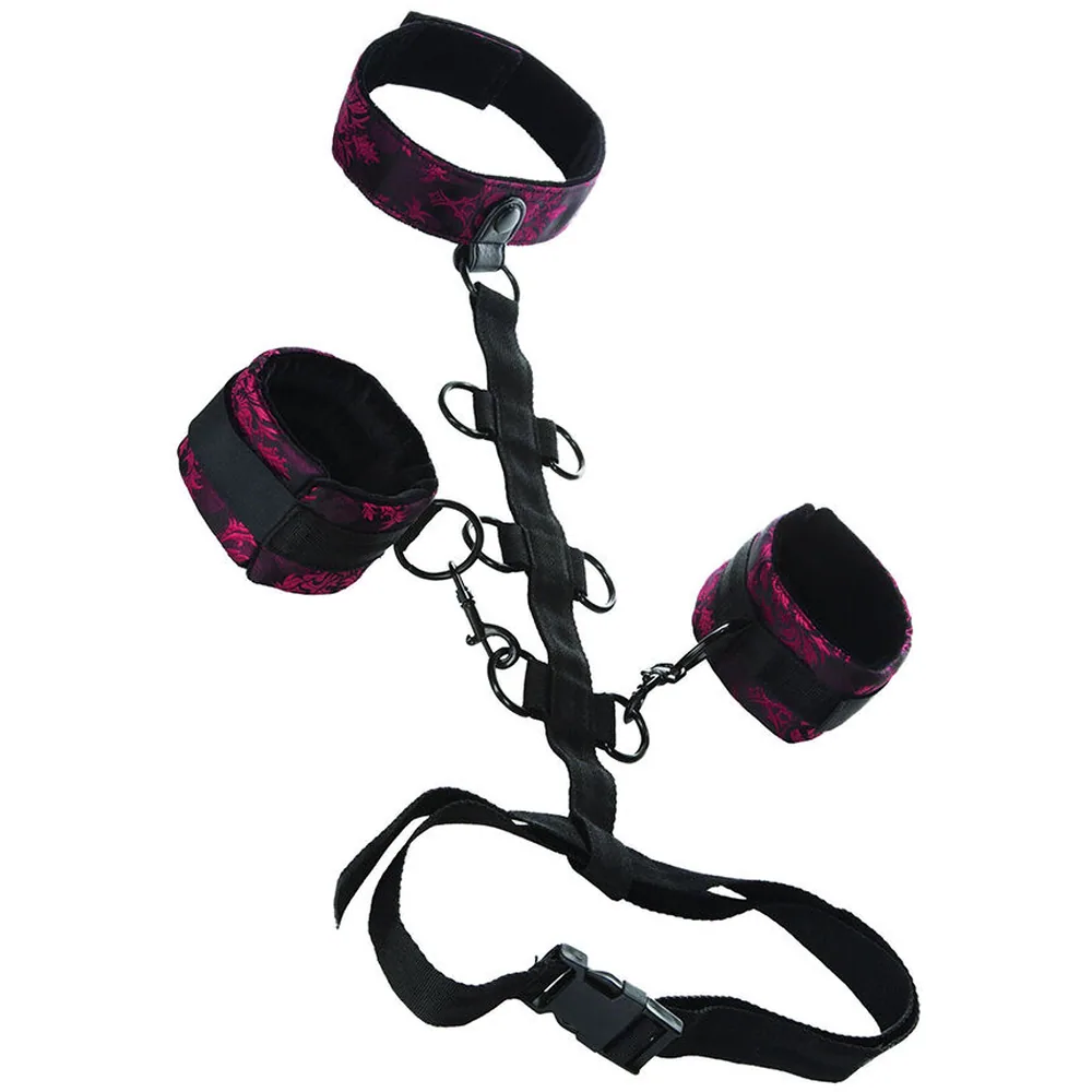 Collier de retenue noir avec détails velours magenta, trois manchettes rembourrées assortis et sangles noires, système d'attache métallique, fond blanc